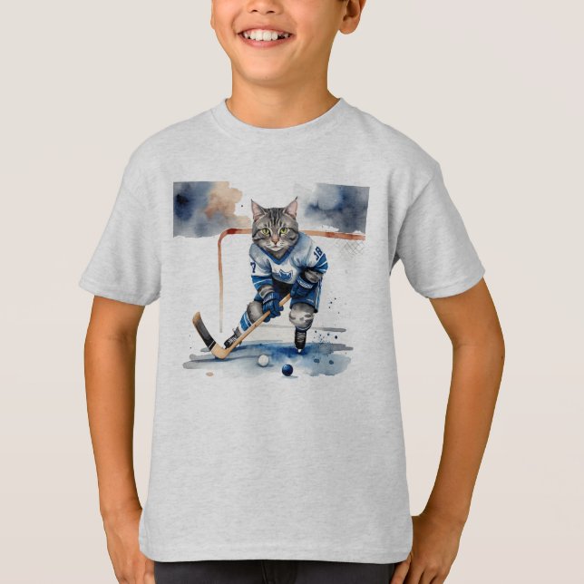 Fun Cool Cat Hockey Player  Animal Humor T-Shirt (Front)