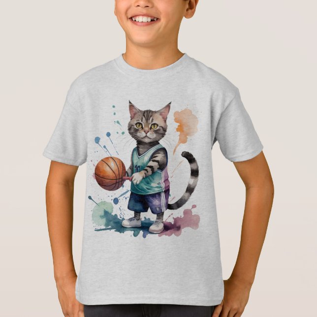 Fun Cool Cat Playing Basketball Animal Humor T-Shirt (Front)