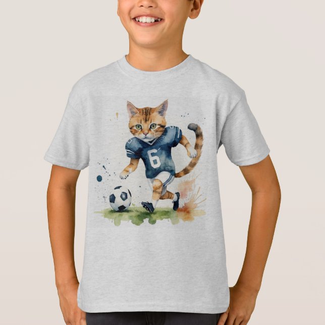 Fun Cool Cat Playing Football Rugby T-Shirt (Front)