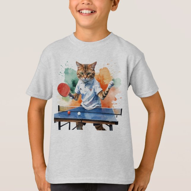 Fun Cool Cat Playing Table Tennis Animal Humor T-Shirt (Front)