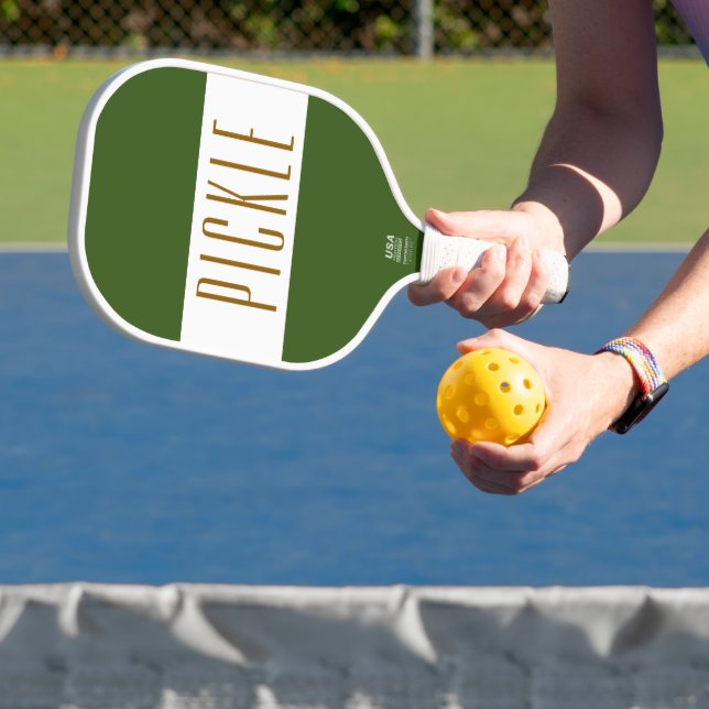 Fun Cool Forest Green White Stripes PICKLE Text  Carbon Fiber Pickleball Paddle (Insitu)
