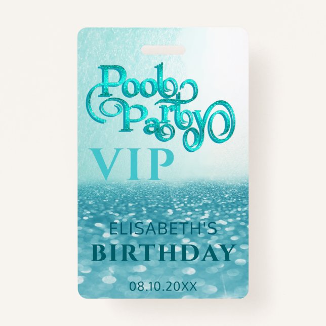 Fun cool glitter script pool party  VIP  Badge (Front)