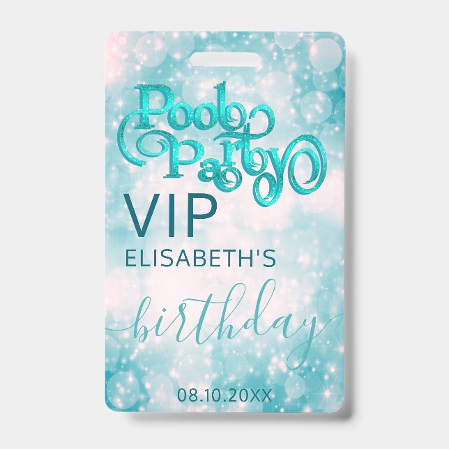 Fun cool glitter script pool party  VIP  Badge (Front)