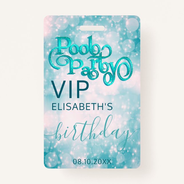 Fun cool glitter script pool party  VIP  Badge (Front)
