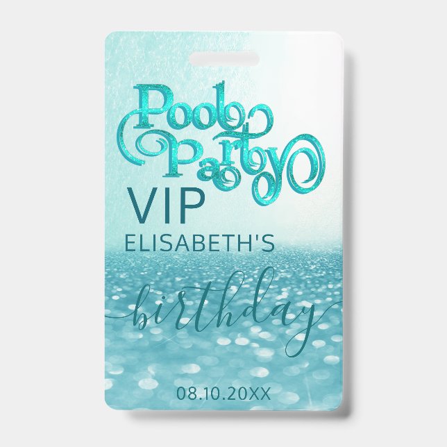 Fun cool glitter script pool party  VIP  Badge (Front)