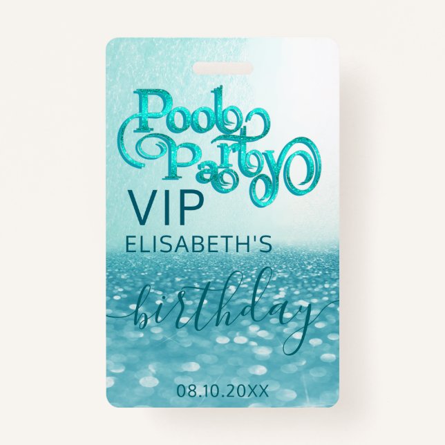 Fun cool glitter script pool party  VIP  Badge (Front)