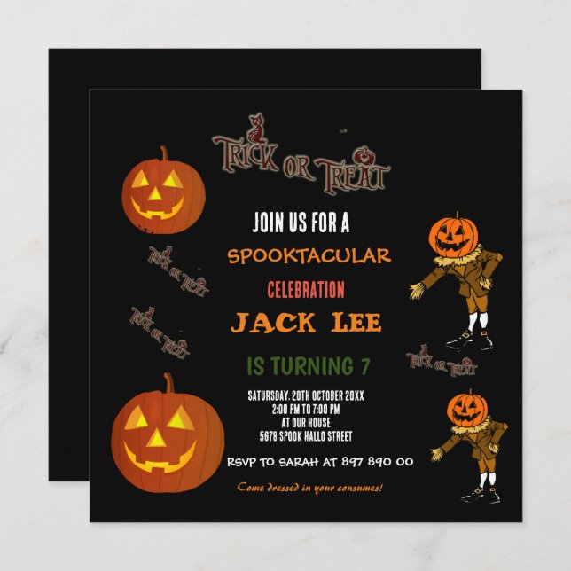 Fun Cool Halloween Trick or Treat Birthday Square  Invitation (Front/Back)
