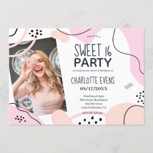 Fun cool pink blush abstract shapes photo Sweet 16 Invitation