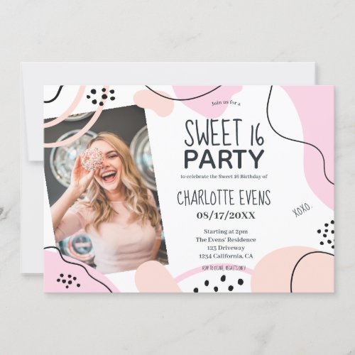 Fun cool pink blush abstract shapes photo Sweet 16 Invitation