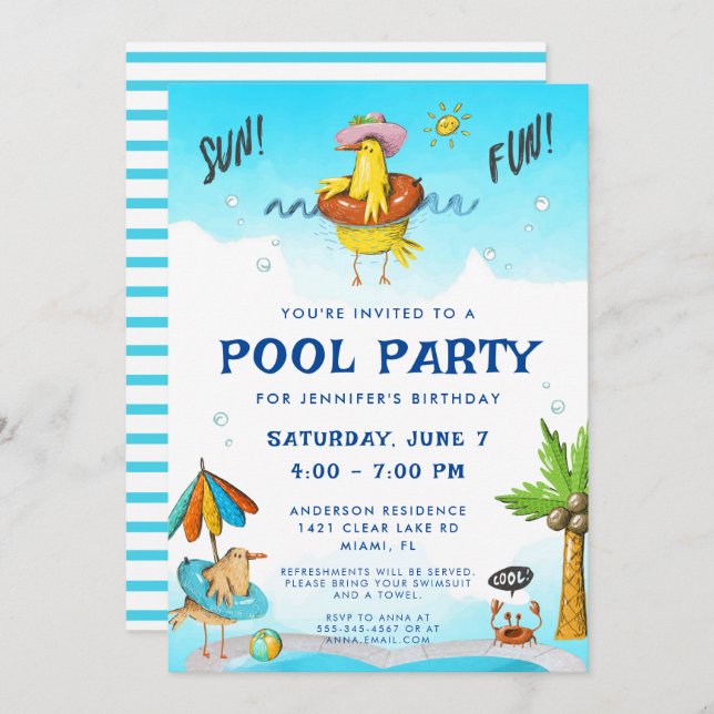 Fun Cool Pool Party Birthday Invitation (Front/Back)