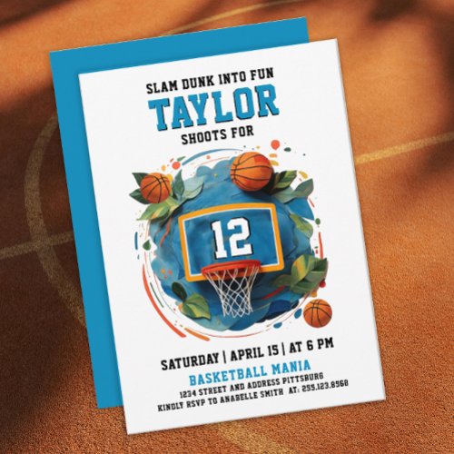 Fun Cool Sport Colorful Blue Basketball Birthday  Invitation