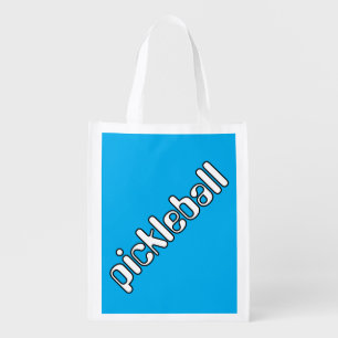 Fun Cool White PICKLEBALL Text On Azure Blue Grocery Bag