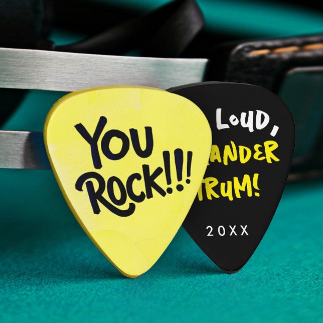Fun Cool You Rock Black Yellow Music Brush Typo Guitar Pick (Creator Uploaded)
