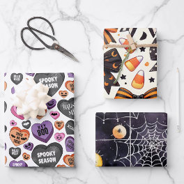 Fun coquette halloween bow candy heart spider web wrapping paper sheets