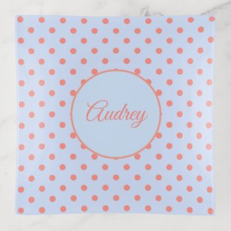 Fun Coral Pink Polka Dots on Blue with Name Trinket Tray