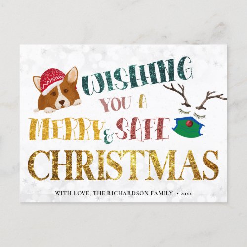 Fun Corgi Wishing Merry and Safe Christmas Simple Holiday Postcard