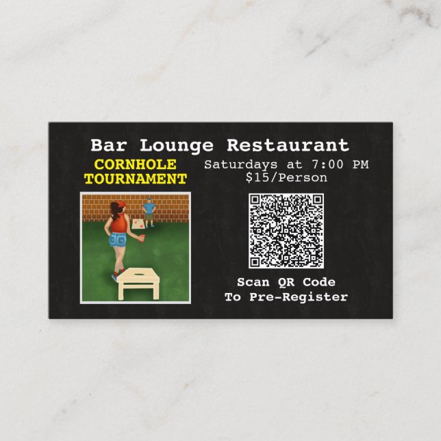 Fun Cornhole Tournament Fundraiser Bar Restaurant Business Card (Front)