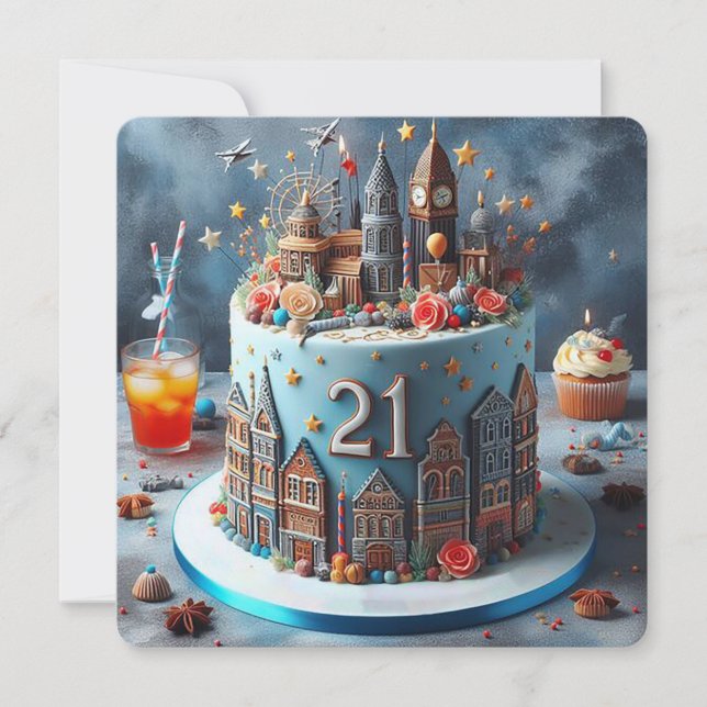 FUN COSMOPOLITAN 21ST BIRTHDAY CAKE CARD (Front)