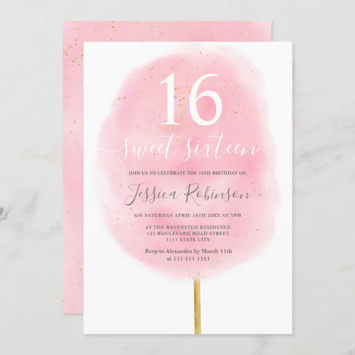 Fun Cotton Candy Glitter Pink Watercolor Sweet 16 Invitation Zazzle Com