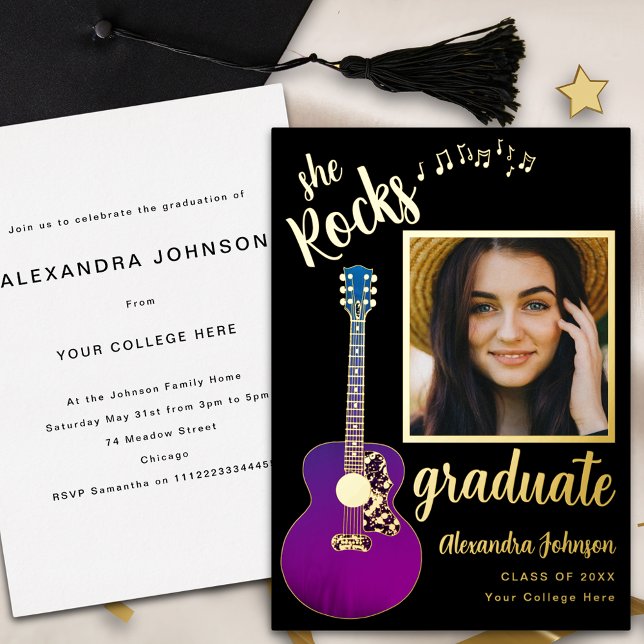 Fun Country Music Graduation Party Black and Gold Foil Invitation (Fun modern black and gold foil script graduate photo graduation party invitation purple guitar music)