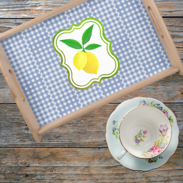 Fun Country Off Set Blue White Check Lemon  Serving Tray (Serve lemonade on this fun tray!)