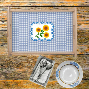Fun Country Off Set Blue White Check Sunflower Serving Tray