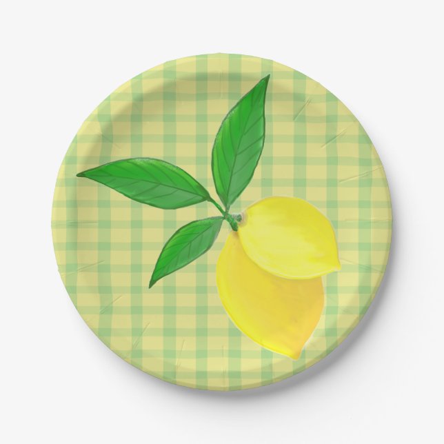 Fun Country Yellow Green Check Lemon  Paper Plates (Front)