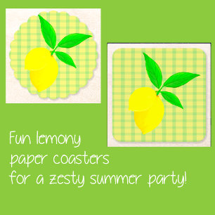 Fun Country Yellow Green Check Lemon  Square Paper Coaster