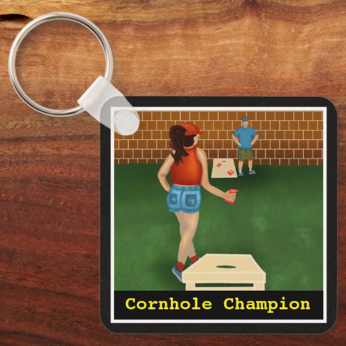 Fun Couple Playing a Game Of Cornhole  Champion Keychain