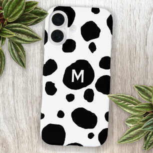 Fun Cow Print Black and White Monogram Initial iPhone 16 Case