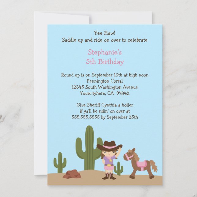 Fun cowgirl western girl birthday party invitation (Front)