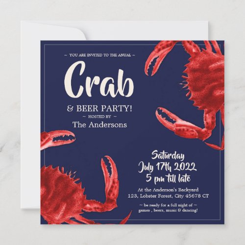 Fun Crab Boil Dark Blue Summer Party Custom Invitation