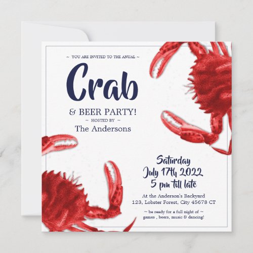 Fun Crab Boil White Summer Party Custom Invitation