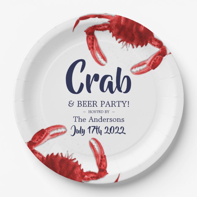 Fun Crab Boil White Summer Party Custom Paper Plates (Front)