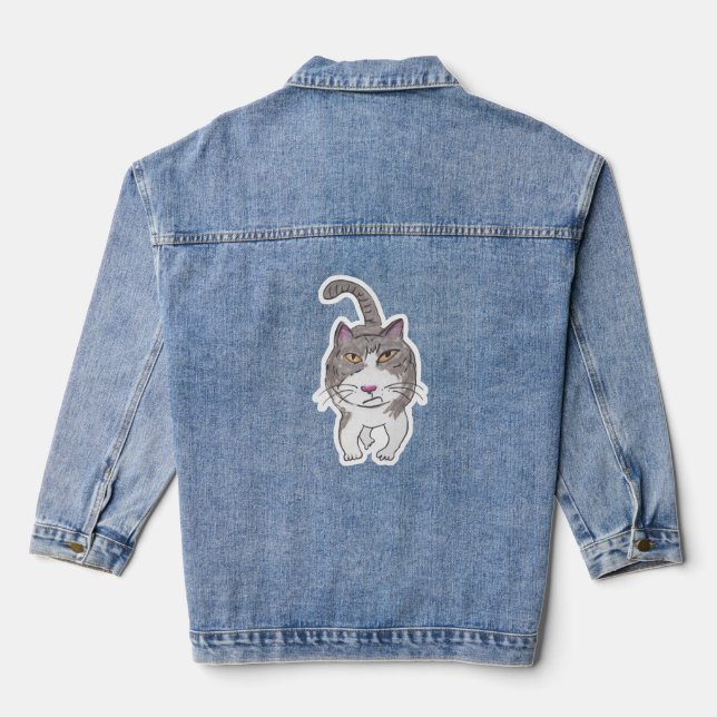Fun Cranky Cat Friend Doodle Art Fun Denim Jacket (Back)