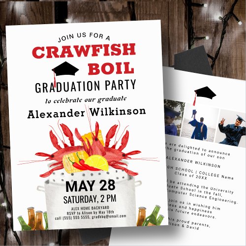 Fun Crawfish Boil 3 Photo Graduation BBQ Party Invitation