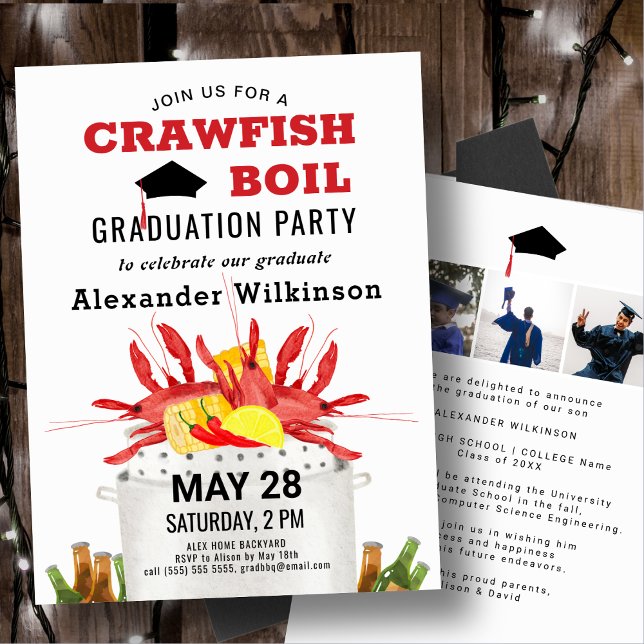 Fun Crawfish Boil 3 Photo Graduation BBQ Party Invitation (Creator Uploaded)