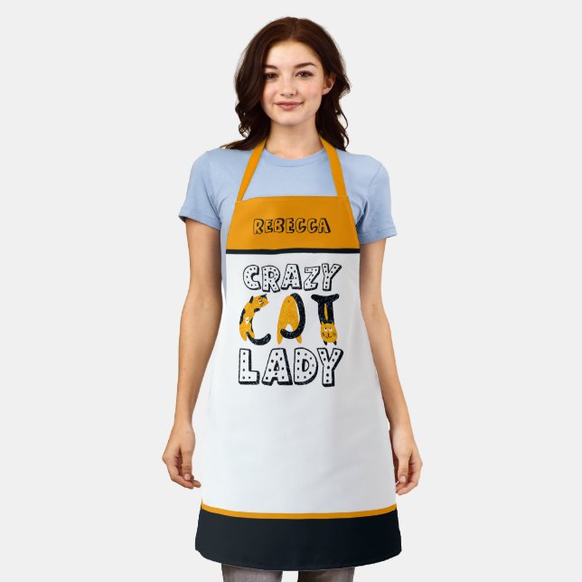 Fun Crazy Cat Lady Text Name Yellow Gray White Apron (Worn)