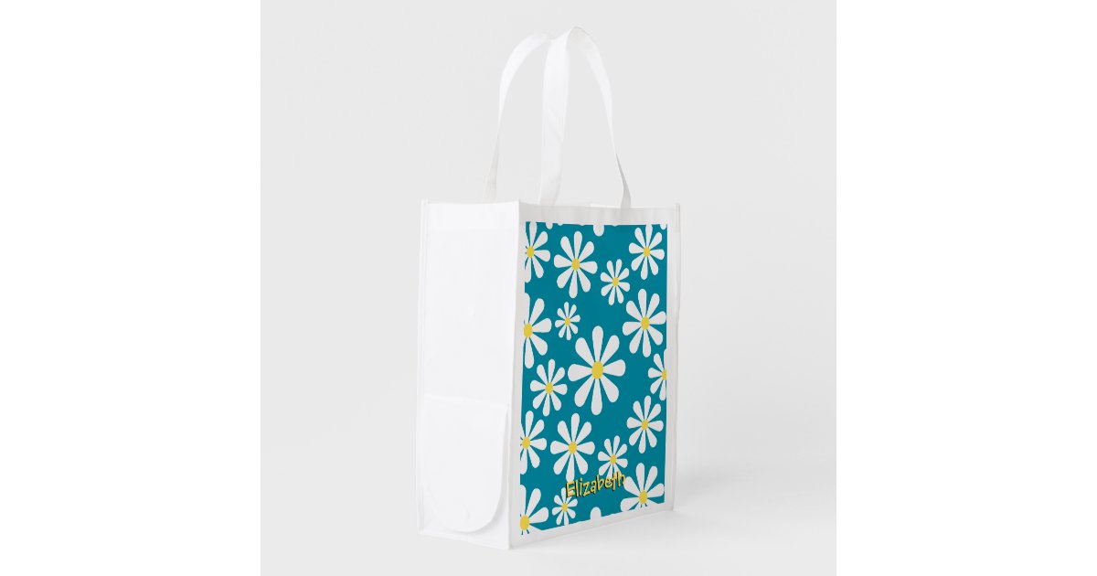 Fun Crazy Daisy Blue White Yellow Personalized Reusable Grocery Bag Zazzle Com Gogooda 15 pcs premium reusable produce bags, 3 size lightweight washable see through mesh shopping merchandise bags with drawstring, toggle tare weight color tag (3 large 9 medium &3 small), white. zazzle