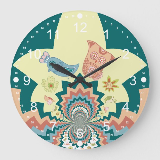 Fun Crazy Owl Birds Chevron Pattern Large Clock (Front)