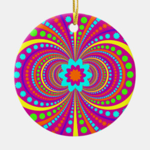 Fun Crazy Pattern Hot Pink Orange Teal Ceramic Ornament