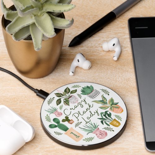 Fun Crazy Plant Lady Potted Plants Name  Monogram Wireless Charger