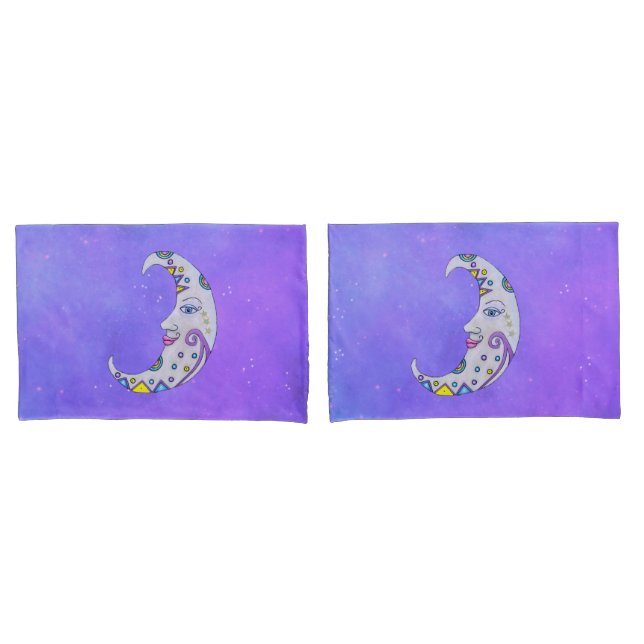 Fun Crescent Moon With Face Festive Markings Sky Pillow Case (Front-Set)