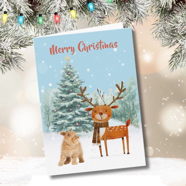 Fun Curious Cat and Stylish Reindeer Christmas  Card (Creator Uploaded)