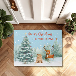 Fun Curious Cat and Stylish Reindeer Christmas Doormat