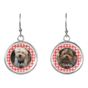 Fun Custom 2 Photo Country Red Buffalo Check Plaid Earrings