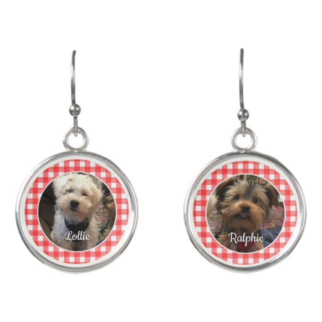 Fun Custom 2 Photo Country Red Buffalo Check Plaid Earrings (Front)