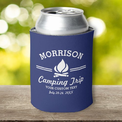 Fun Custom Camping Trip Campfire Blue Can Cooler