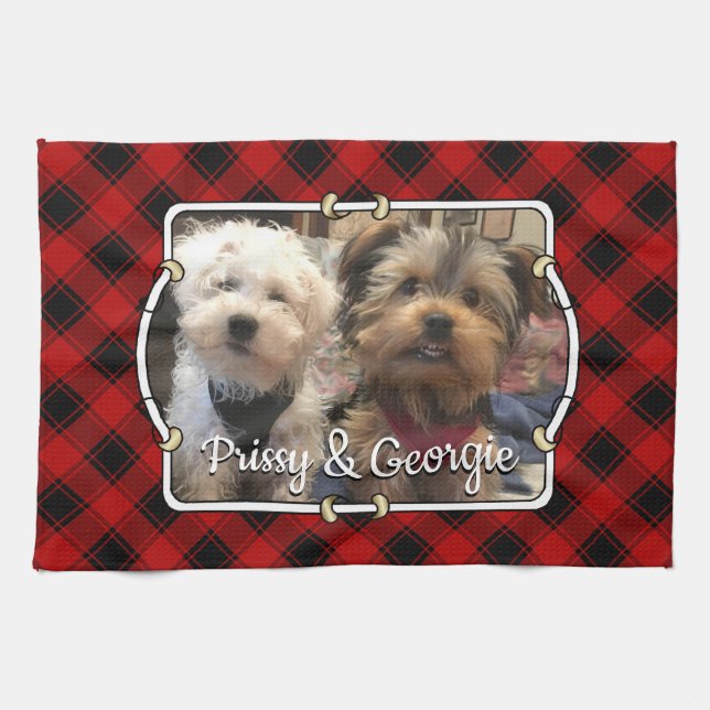 Fun Custom Christmas Red & Black Plaid Photo Frame Kitchen Towel (Horizontal)