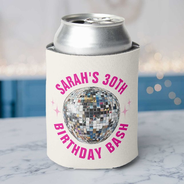 Fun Custom Disco Ball 30th Birthday Favor Can Cooler (Festive can cooler adorned with a disco ball, ideal for keeping drinks cool at a 30th birthday party)